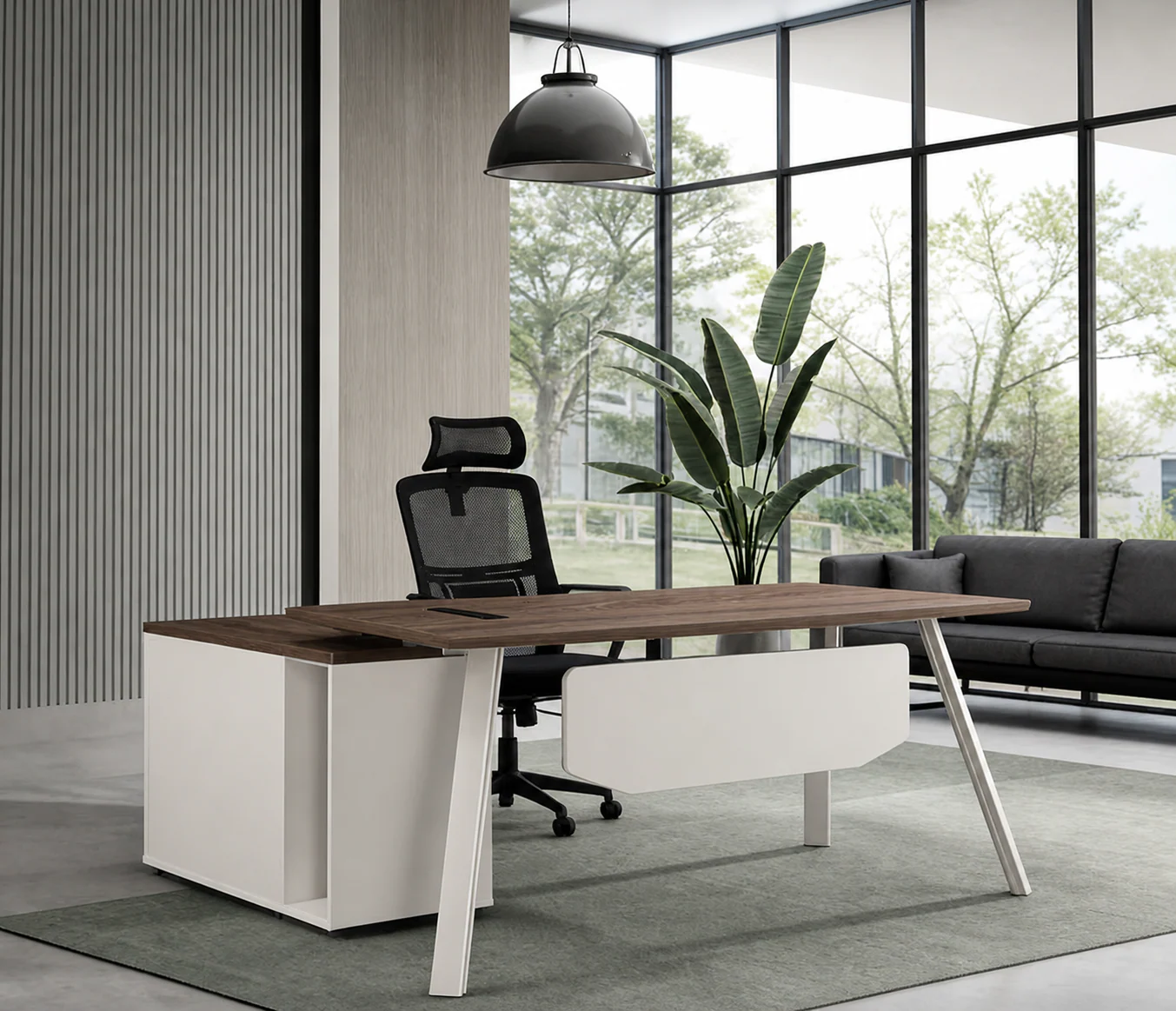 Walnut and white executive desk with storage
