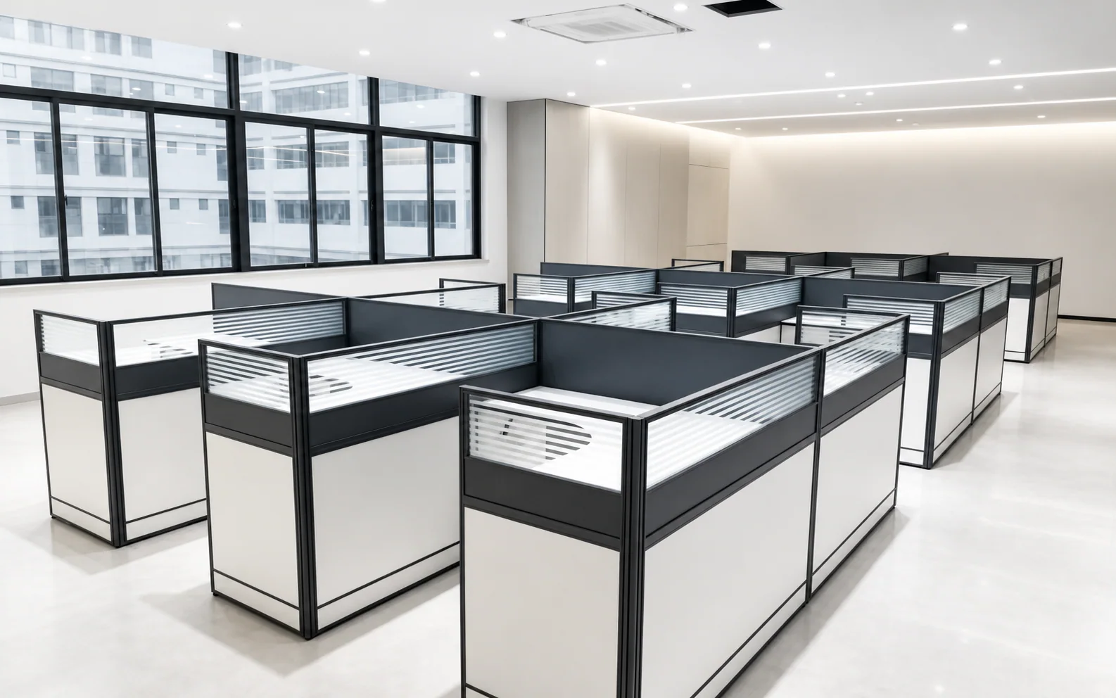 Charcoal and white high-screen panel workstation system