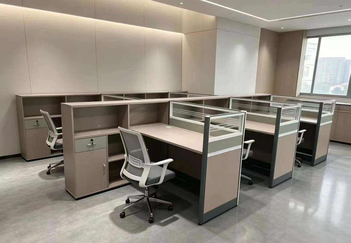 Workstation area with cabinets