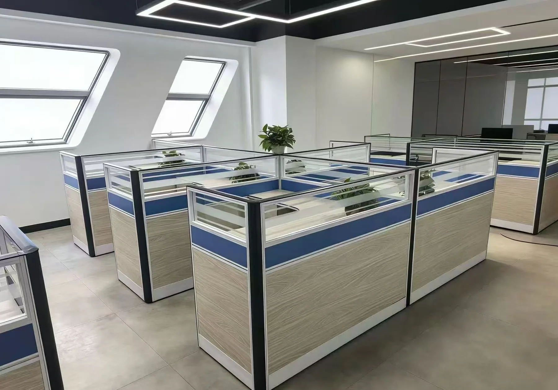 Blue-accent workstation area