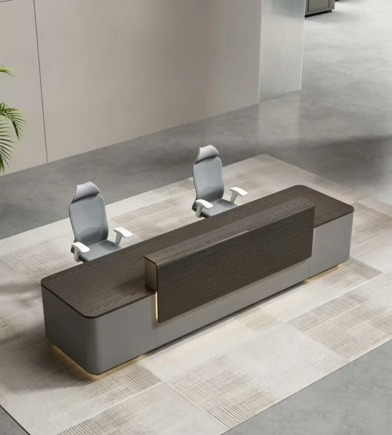 Dark wood reception desk