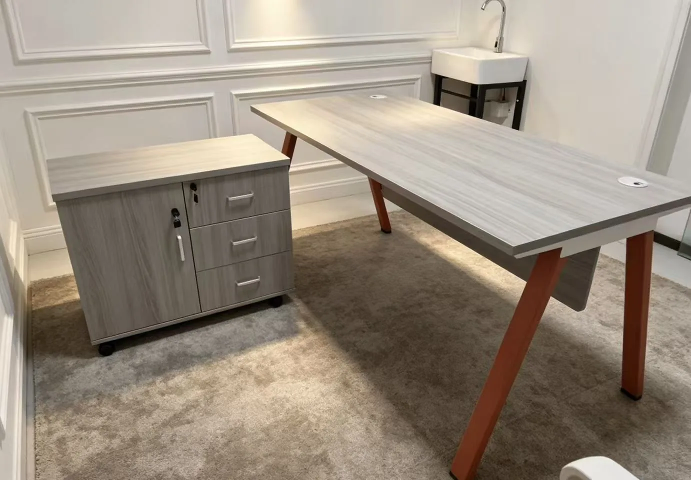 Grey wood staff desk