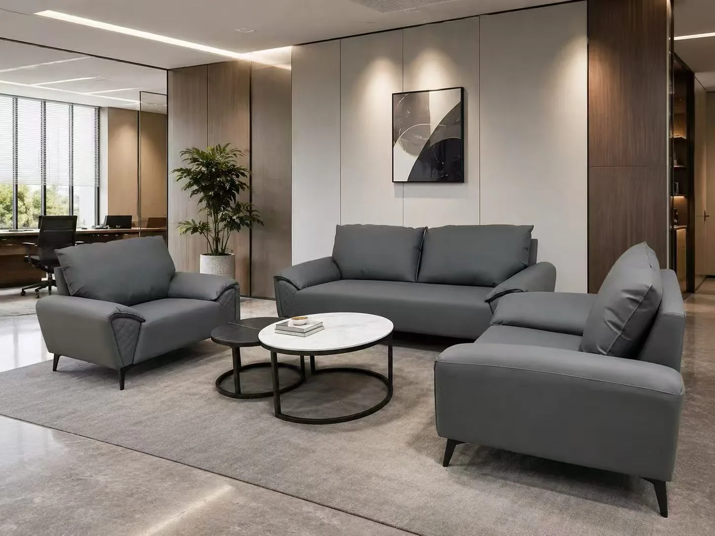 Grey sofa discussion area